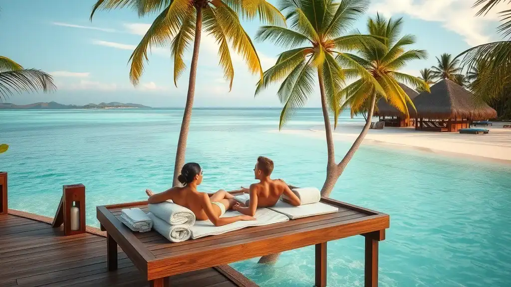 Inviting beachfront resort in Koh Samui with tranquil couple on a wooden deck overlooking turquoise water. Thailand travel tips for accommodation.