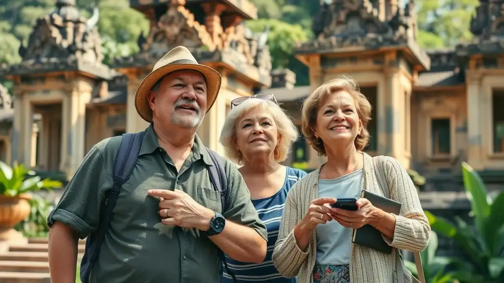Curious mature travelers exploring Southeast Asia's iconic sites, southeast asia travel tips, ancient ruins, temples, lush greenery