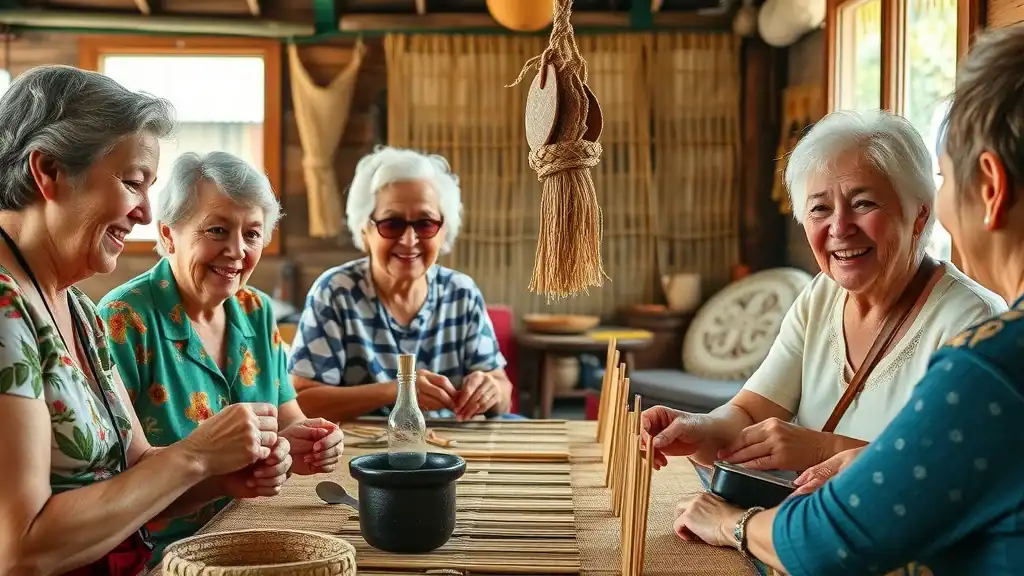Older travelers participating in a local Southeast Asian craft workshop, gaining hands-on experience during an immersive cultural tour