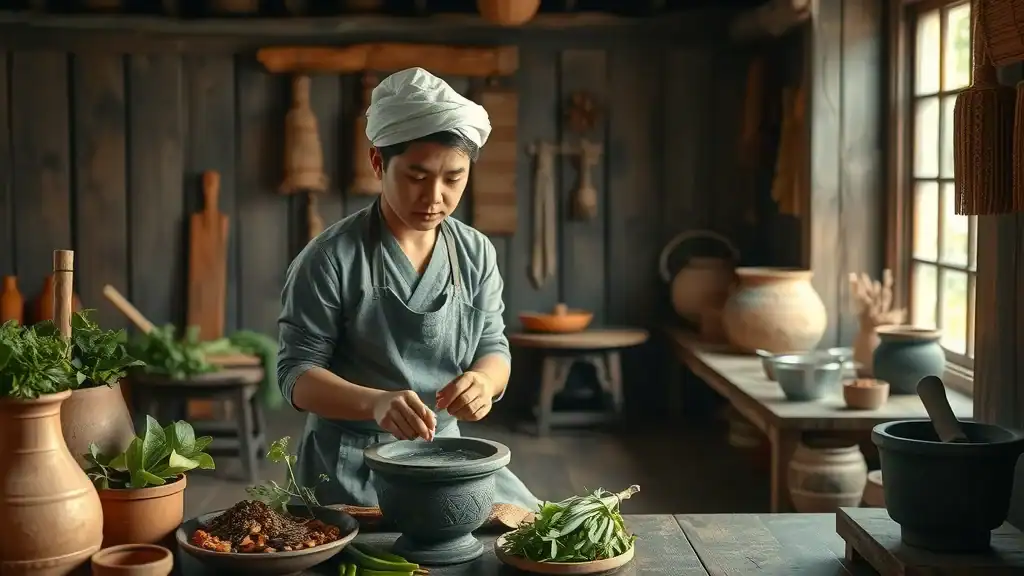 Traditional Thai kitchen setting, cook preparing authentic ingredients in a rustic kitchen, reflecting historical roots of thai cuisine