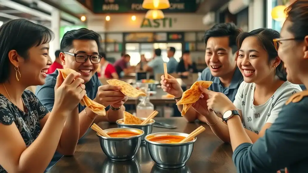 Friends enjoying Roti Canai breakfast at a vibrant kopitiam, Malaysia food and cuisine favorites