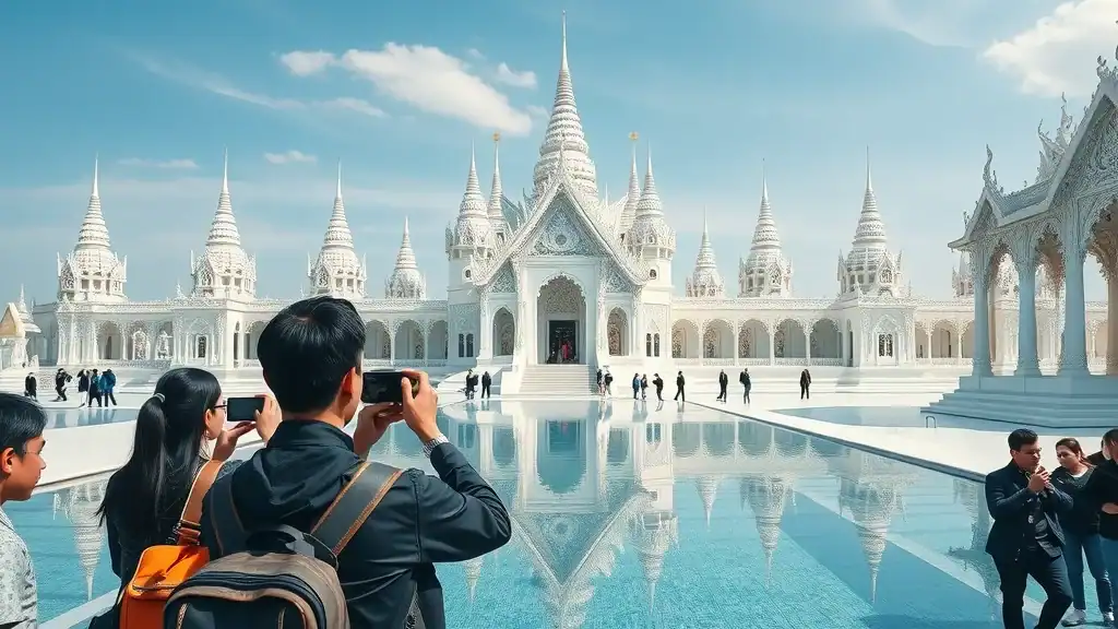 Otherworldly Wat Rong Khun (White Temple) Chiang Rai — awe-struck tourists ornate architecture mirrored pools ultra-high realism blue and white palette