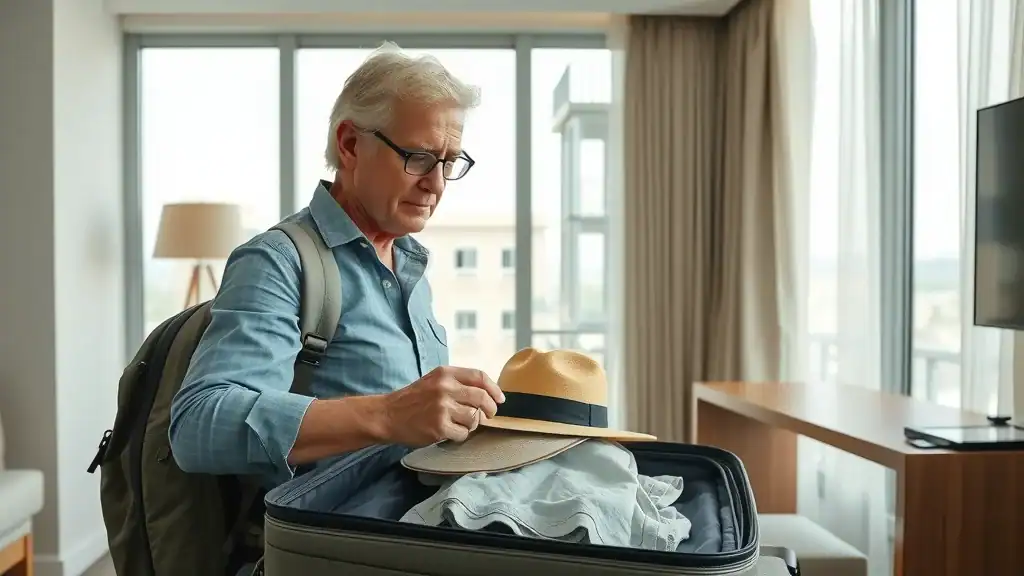 Immaculate packing scene with mature traveler's open luggage, sunhat, lightweight clothing, tidy modern hotel room, tropical cityscape through window, pastel palettes, bright daylight.