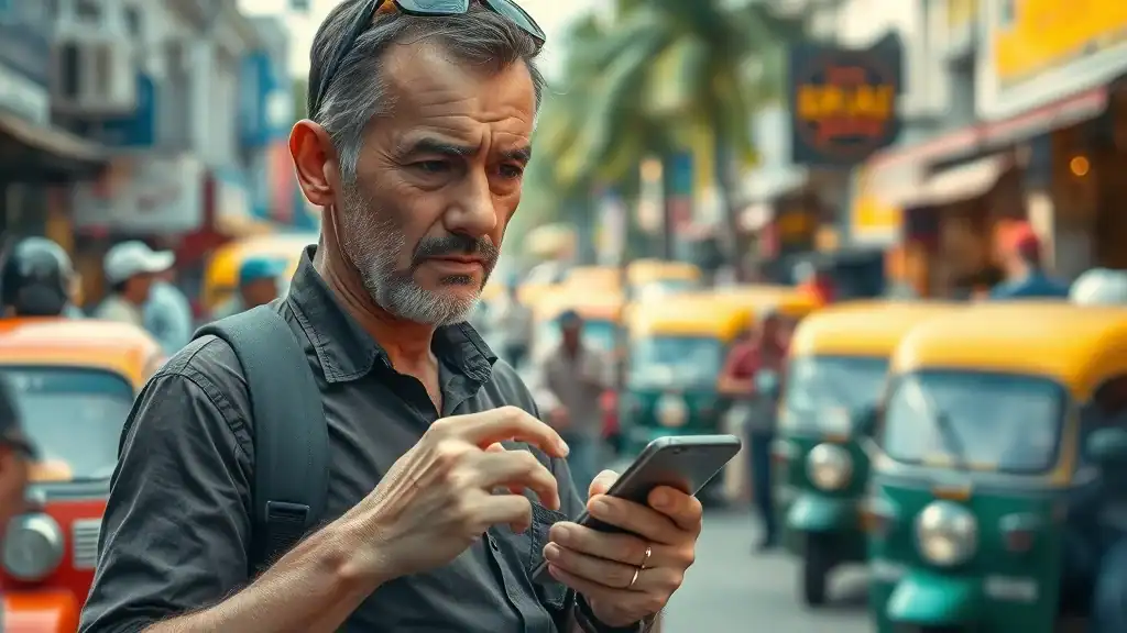 Alert mature traveler taking safety precautions in bustling southeast asian city center for budget travel southeast asia