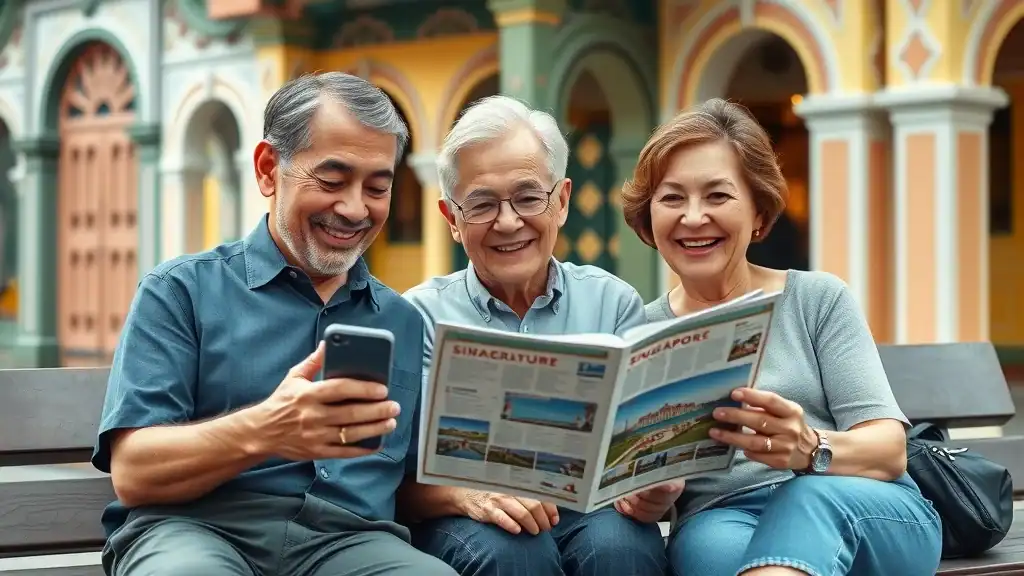 Smiling older travelers researching Singapore attractions and food options on a bench – practical singapore travel tips in action