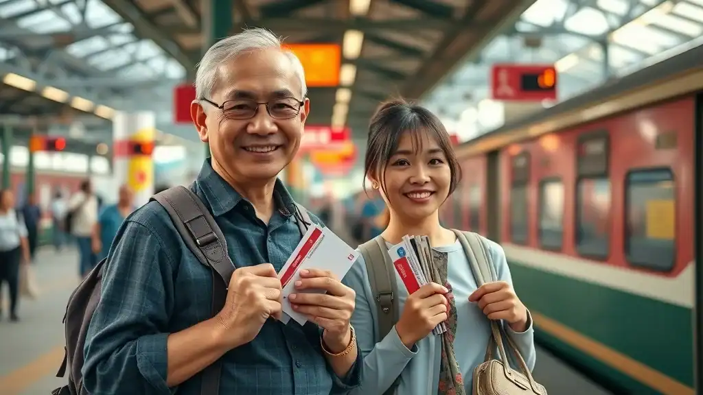 Mature couple waiting for a train with backpacks and tickets at a lively Southeast Asian railway station, train departing, vibrant atmosphere.