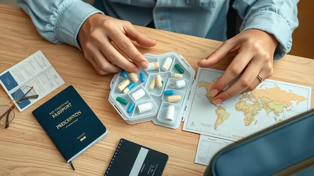 Mature traveler organizing medications and prescriptions for asia travel - travel essentials health photorealistic