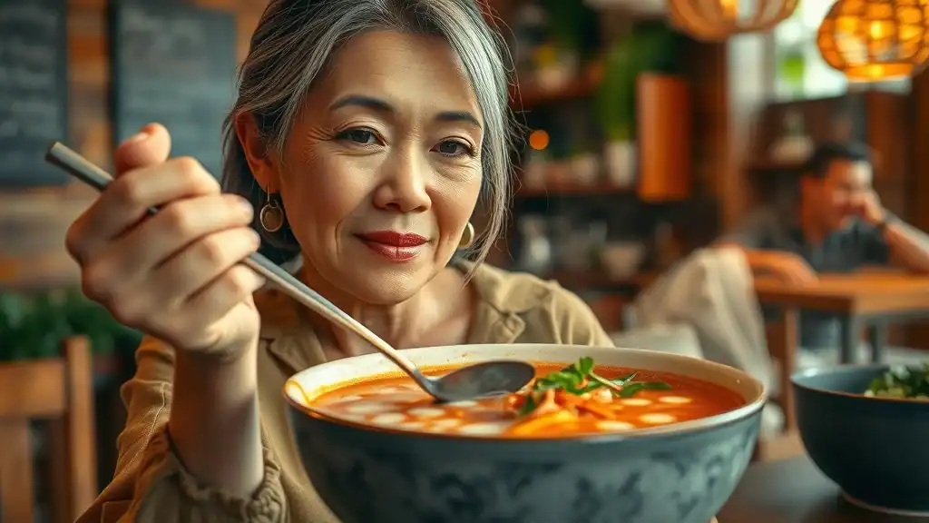 southeast asia local cuisine - Vivid traditional Tom Yum soup, mature diner experiencing aromatic flavors in a cozy Thai eatery, with fresh herbs and steamy broth