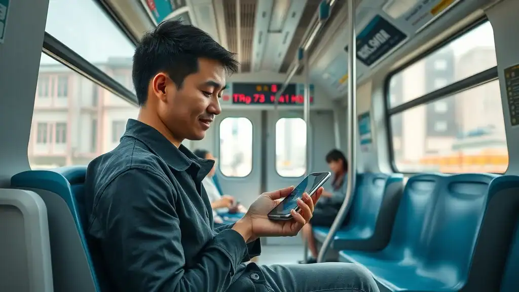 Solo traveler using public transportation in Malaysia, checking travel app on LRT train, demonstrating affordable malaysia budget travel.
