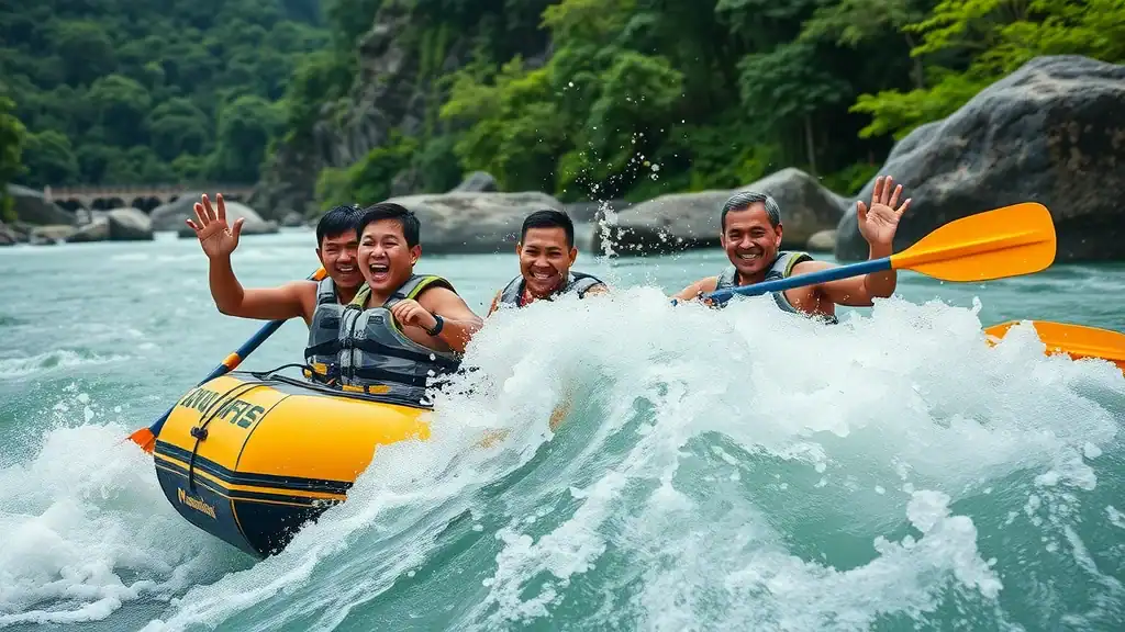 Adventurers on white water rafting trip along Kampar River during Malaysia adventure travel tour