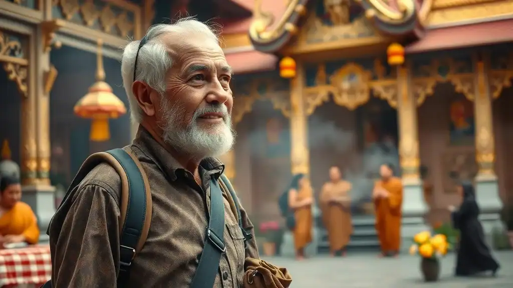 Adventurous senior traveler immersed in Southeast Asian culture in temple courtyard, southeast asia travel tips, ornate decorations, monks, flowers