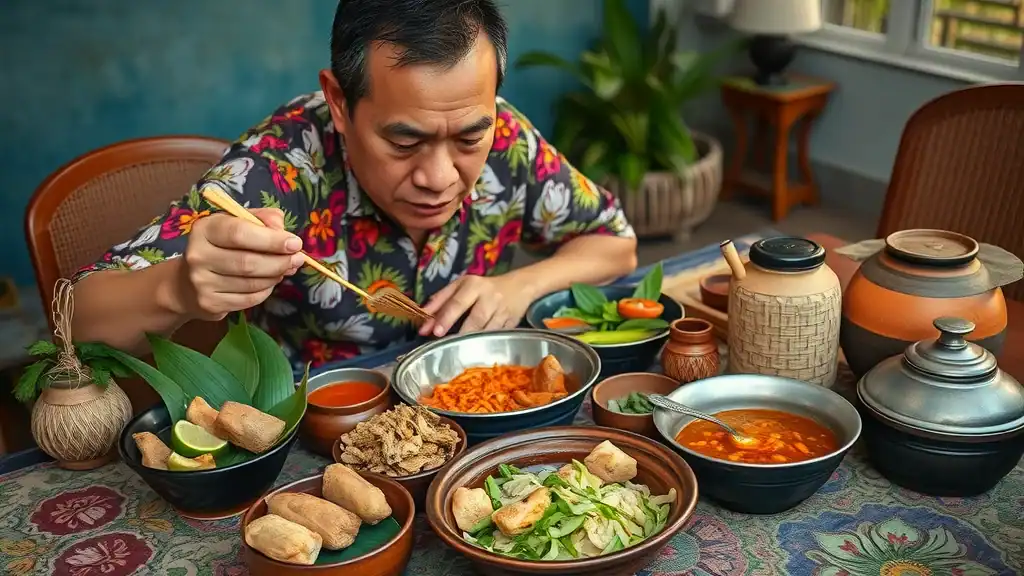 southeast asia local cuisine - Colorful unique lesser-known Southeast Asian dishes, mature food enthusiast exploring regional delicacies on an intricately patterned tablecloth