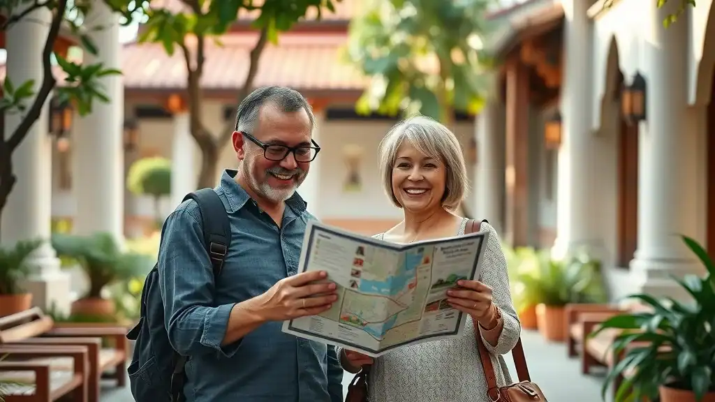 Mature couple reading map at accessible Southeast Asian temple, emphasizing travel safety for 50+ in southeast asia