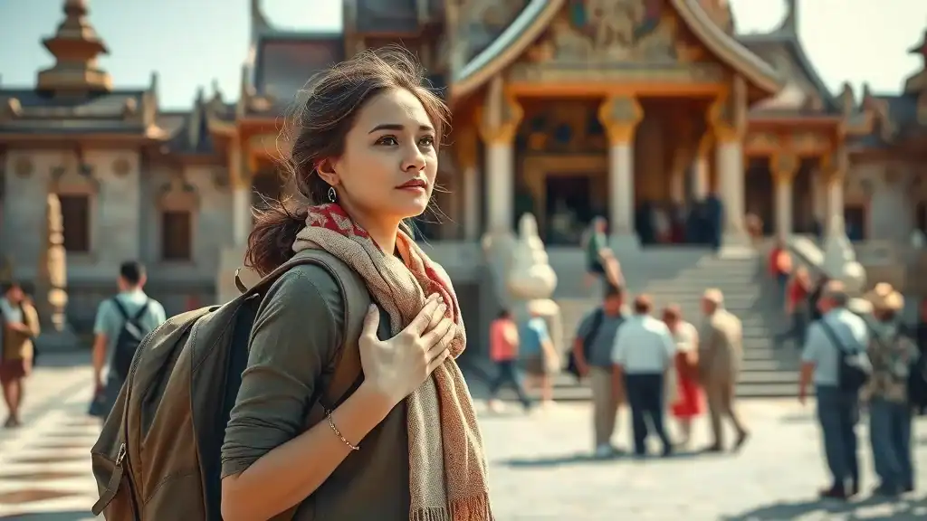 Confident solo female traveler with backpack walking past Southeast Asian temple, emphasizing solo female safety in southeast asia