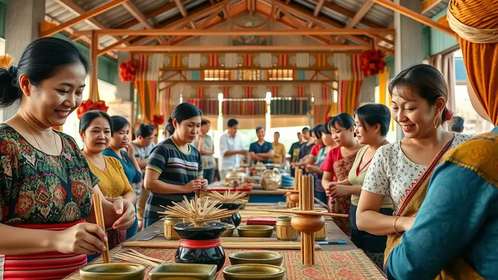 Malaysia cultural village experience - artisans and visitors at a batik craft workshop