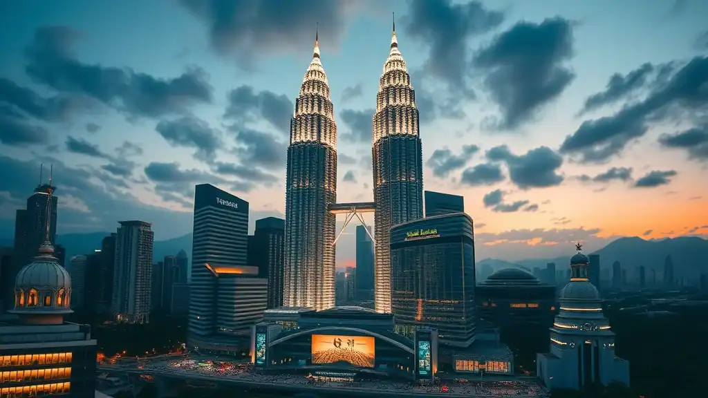 Spectacular Petronas Twin Towers, Kuala Lumpur at night, bustling urban background with reflective glass and steel, lively crowds, and traffic in a cool blue and golden twilight.