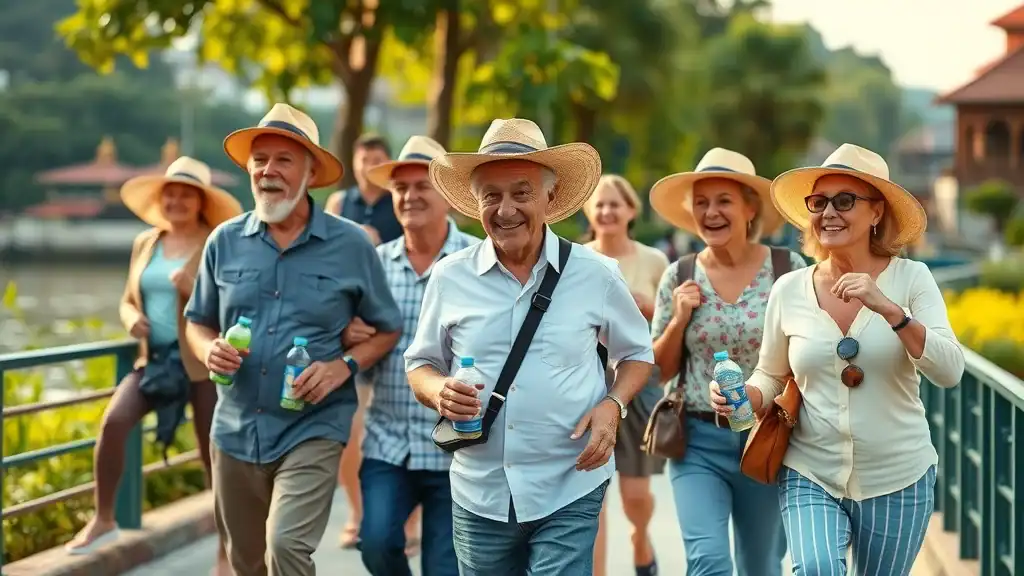Energetic group of senior travelers enjoying walking tour in Southeast Asia, southeast asia travel tips, riverwalk, old town, lush greenery