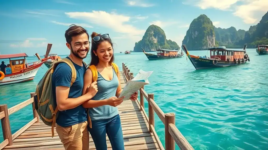 Serene Malaysian island scene for Malaysia island hopping, showing backpackers consulting a map on a wooden jetty with anchored ferries, bright water, and blue and green hues.