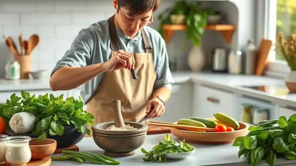 Home Thai cooking setup with fresh herbs, mortar and pestle, and coconut milk, showcasing thai cooking essentials
