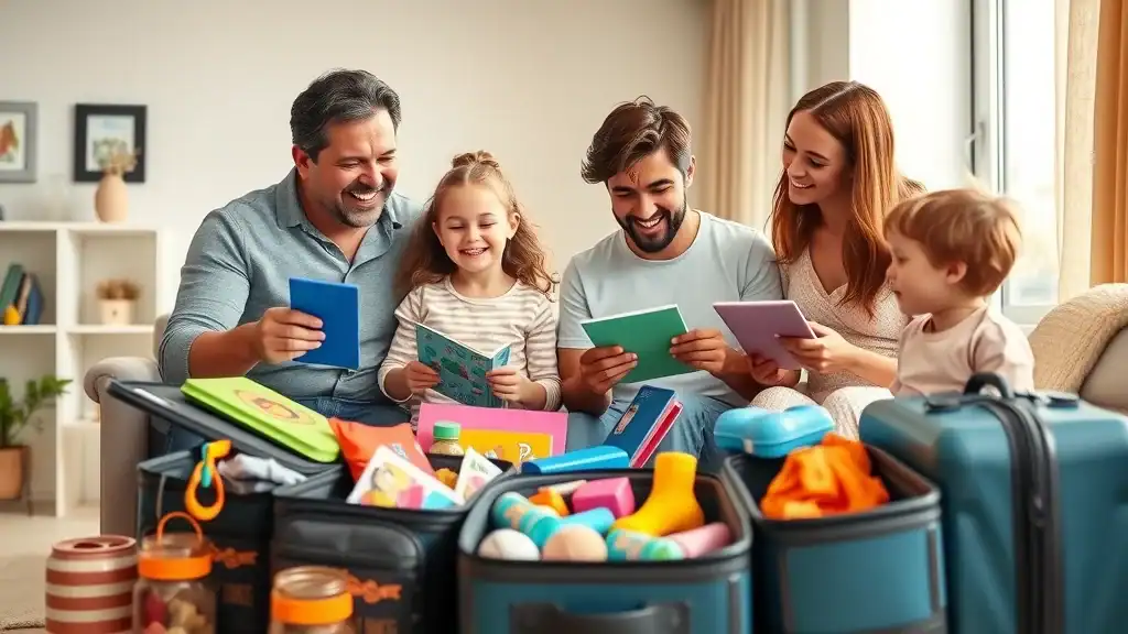 Family packing travel games and snacks for thailand vacation