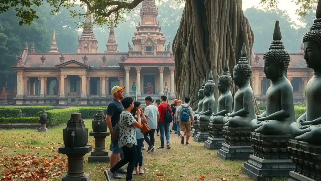 Mystical Ayutthaya ancient ruins, fascinated tourists exploring weathered stone Buddha statues, Thailand must-see attractions