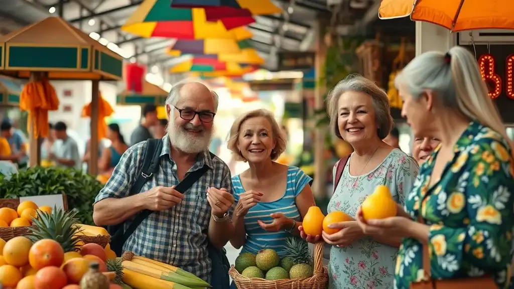 Vivid Balinese market scene with cheerful mature travelers discovering hidden gems and sampling tropical fruits in local markets.