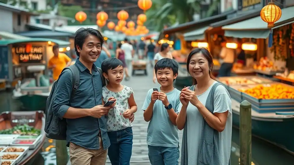 Modern family exploring floating market in Bangkok, sampling street food on a wooden dock with boats and vibrant food displays.