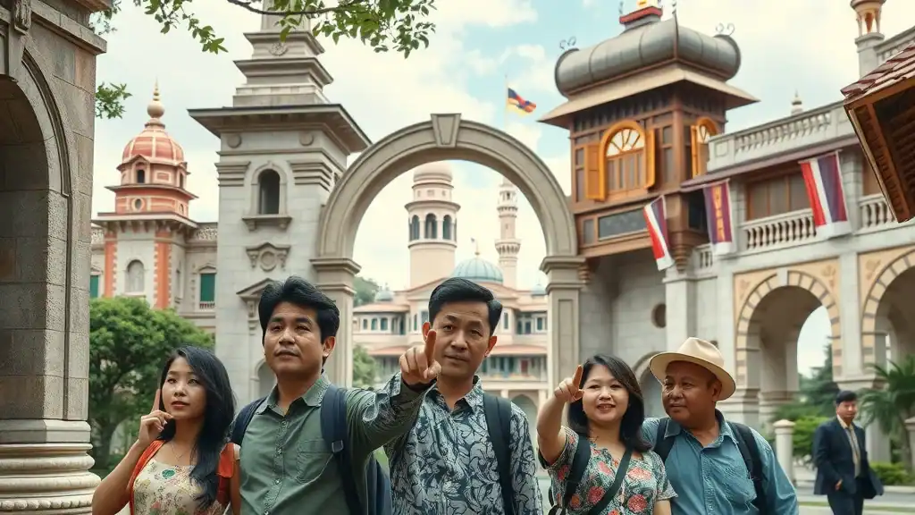 Collage of Malaysian traditional and colonial heritage architecture—multi-ethnic group admiring archways, minarets, temples, with swaying trees and banners, photorealistic, natural daylight