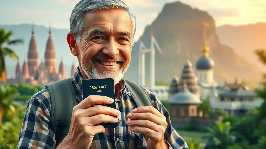 Older traveler holding passport with Southeast Asian landmarks collage — highlighting tourist visa requirements across the region