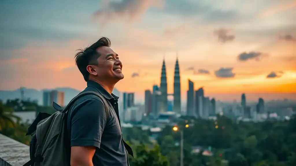 Traveler enjoying Kuala Lumpur skyline and Petronas Towers from KLCC Park at sunset for free, a favorite for malaysia budget travel.