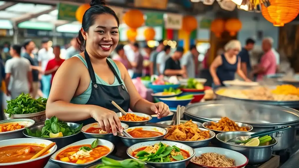 Vibrant Thai food spread in an open-air Thai street market - thailand local cuisine, curries, stir-fries, herbs, and lively crowds