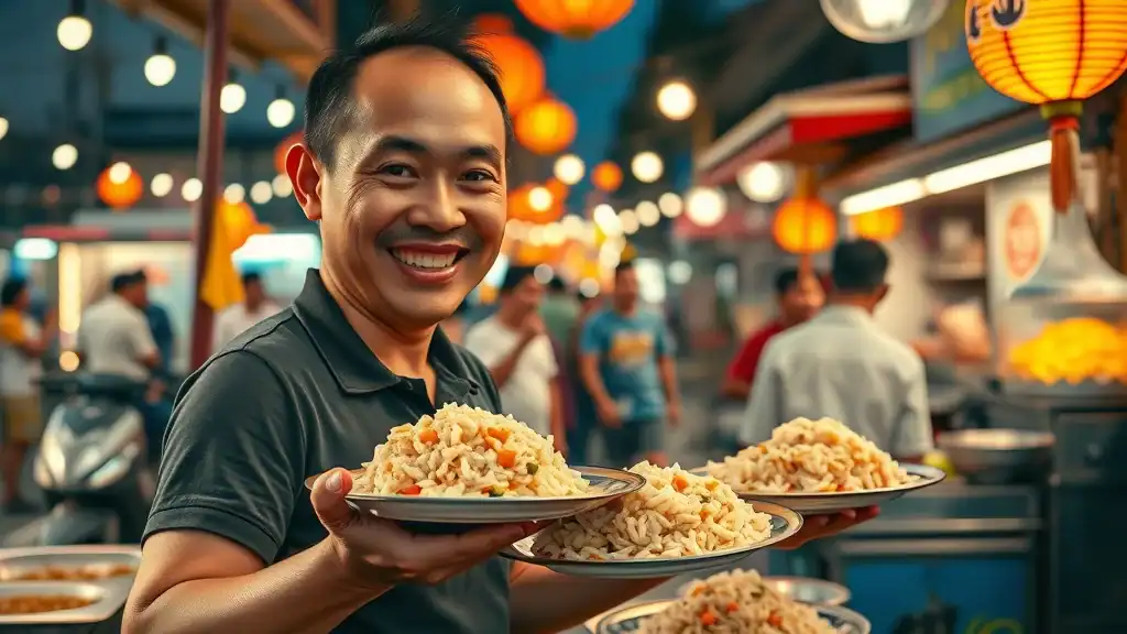 Colorful Thai street food scene, vendor serving fried rice at a night market - thailand local cuisine
