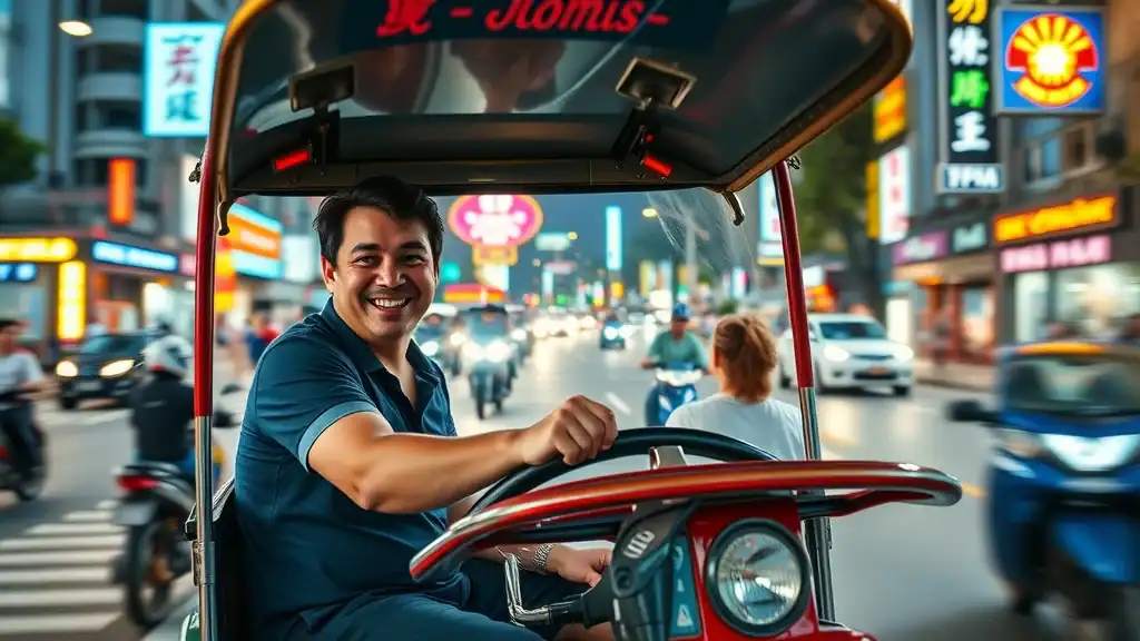 Colorful tuk-tuk on Bangkok street with cheerful driver and smiling passenger—budget transport Thailand