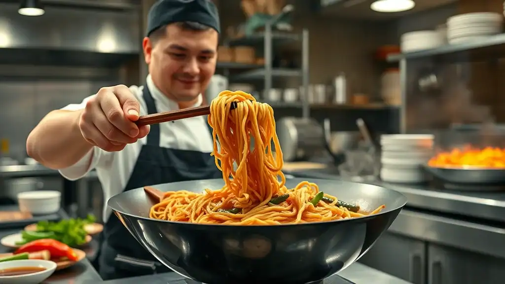 Wide rice noodle dish being stir-fried in a flaming wok in a Thai restaurant, a hallmark of Thai cuisine