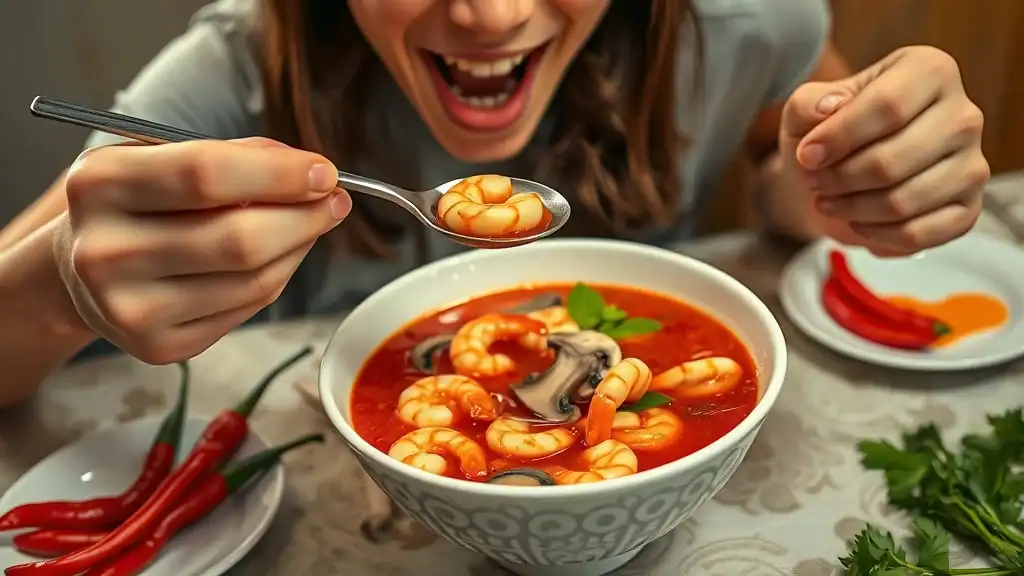 Bright bowl of Tom Yum soup, featuring shrimp, mushrooms, Thai herbs, and red chili oil