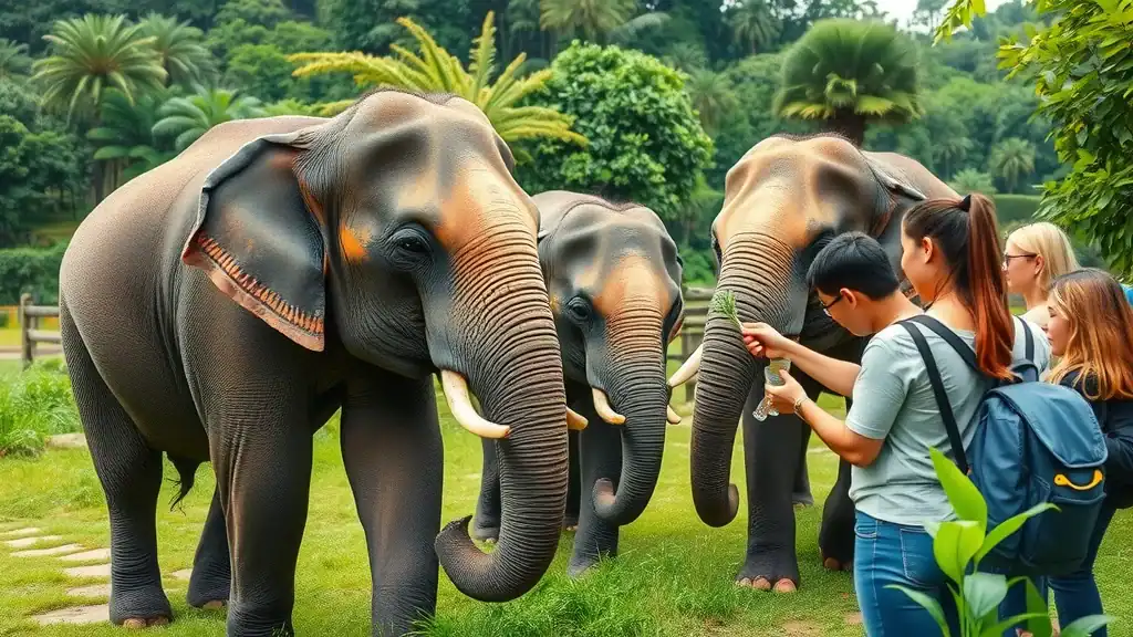 Gentle rescued elephants Elephant Nature Park — interacting kindly with visitors green sanctuary jungle natural daylight soft shadows telephoto lens