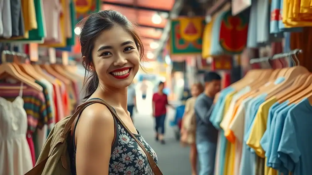 Traveler browsing market clothing stalls and considering laundry services for traveling to thailand