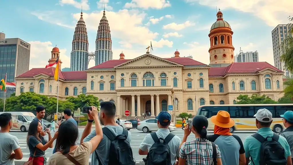 Kuala Lumpur cityscape—diverse group in front of Sultan Abdul Samad Building, National Museum; photorealistic Merdeka Square with flags, city textures, and tropical accents