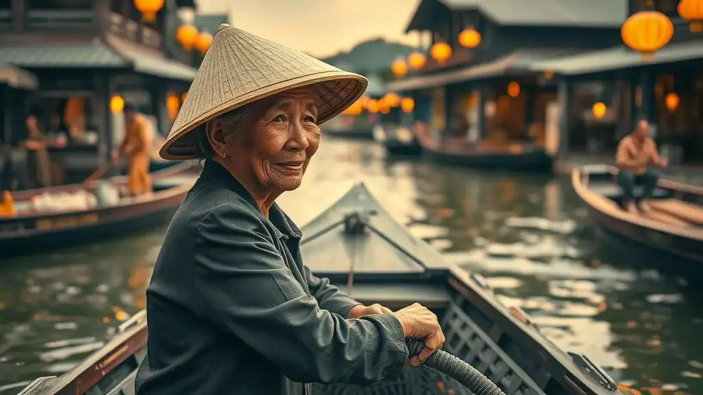 Atmospheric historic floating market with elderly Thai woman steering antique boat along old canal with floating lanterns and period architecture.