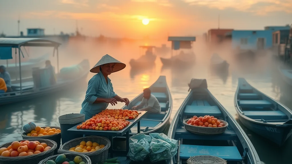 Peaceful early morning at Bangkok floating market with serene vendors prepping fresh fruit and misty sunrise-lit canal.