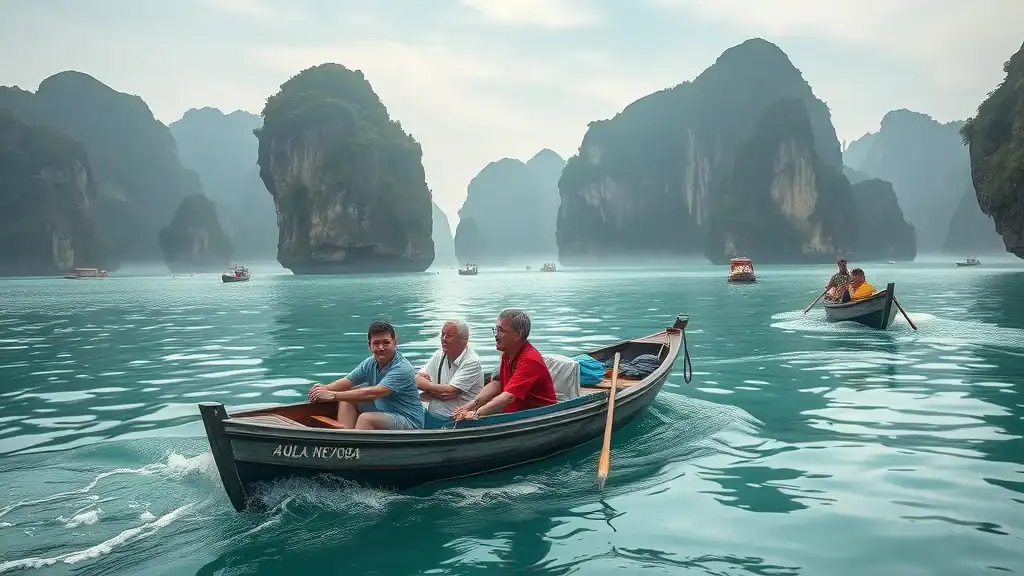 Stunning limestone cliffs in Ha Long Bay, older travelers enjoying affordable boat trip for budget travel southeast asia