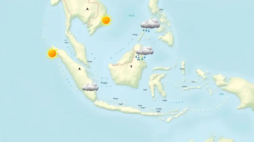 Map of Southeast Asia showing weather overlay with sun, rain, and cloud icons for each country, ideal for planning the best time to visit Southeast Asia