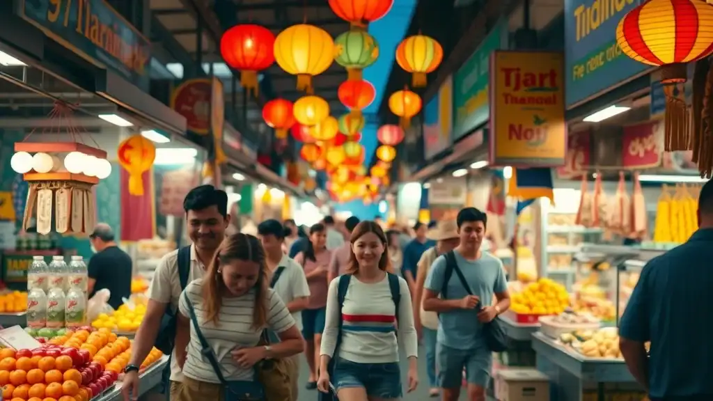 Vibrant bustling street market in Thailand — cheerful travelers browsing stalls exploring local foods vibrant motion blur night market lanterns vibrant colors wide-angle lens