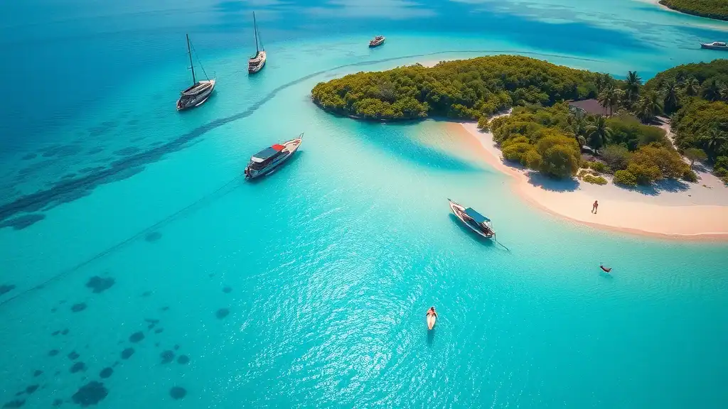 Aerial view of Perhentian Islands, clear blue water and soft white sandy beaches surrounded by lush tropical vegetation, sunny tropical day.