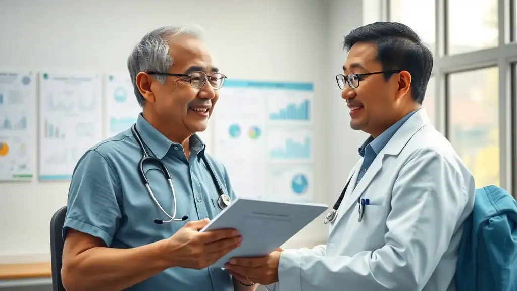 Reassuring doctor showing first aid advice to older traveler in southeast asia clinic