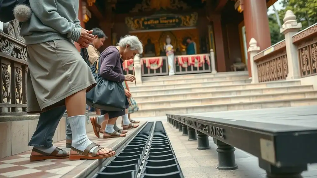 Elder travelers removing shoes outside Buddhist temple, southeast asian religious site respect, proper etiquette