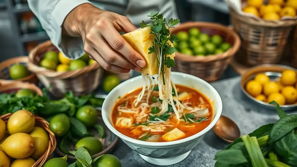 Chef preparing Assam Laksa with fresh herbs, Malaysia food and cuisine traditional market style
