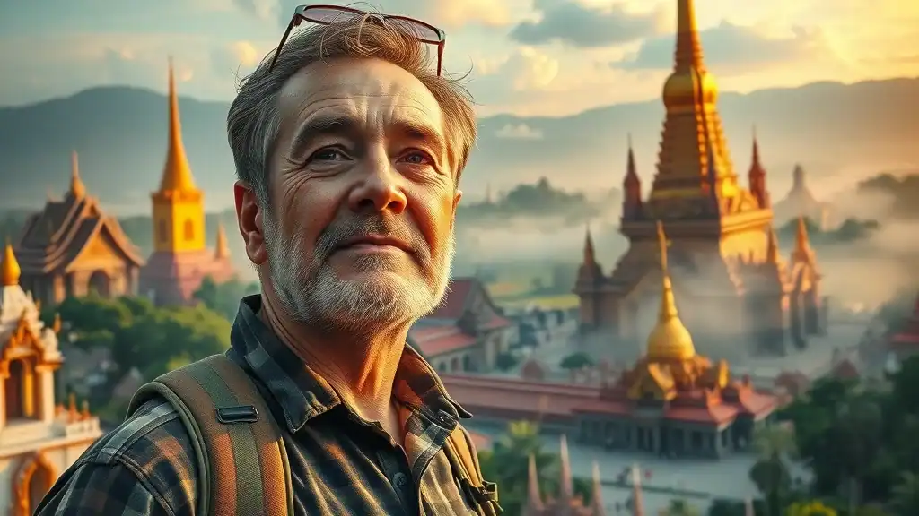 Vivid temple and cityscape with mature traveler budget travel southeast asia