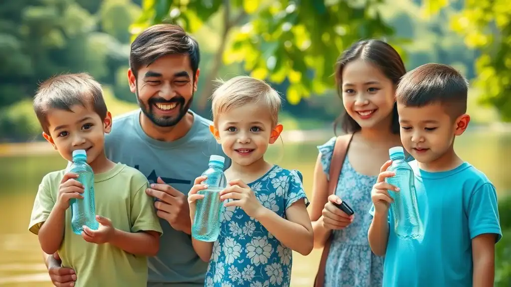 Family applying insect repellent and hydrating with water bottles for thailand travel health and safety