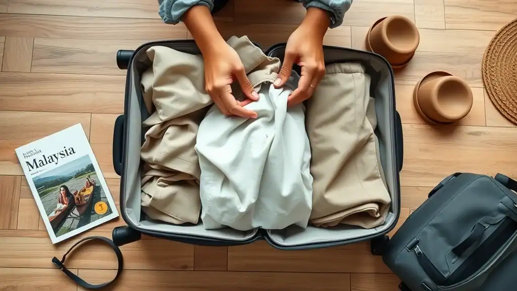 malaysia travel tips organized packing flat lay suitcase with travel essentials malaysian currency and travel guide in wooden floor